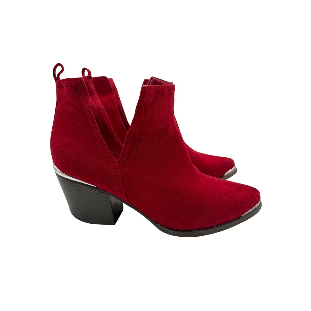 JustFab Ankle Boots Womens 8 Red Good V-Cut Faux Suede Block Heel Pointed Toe